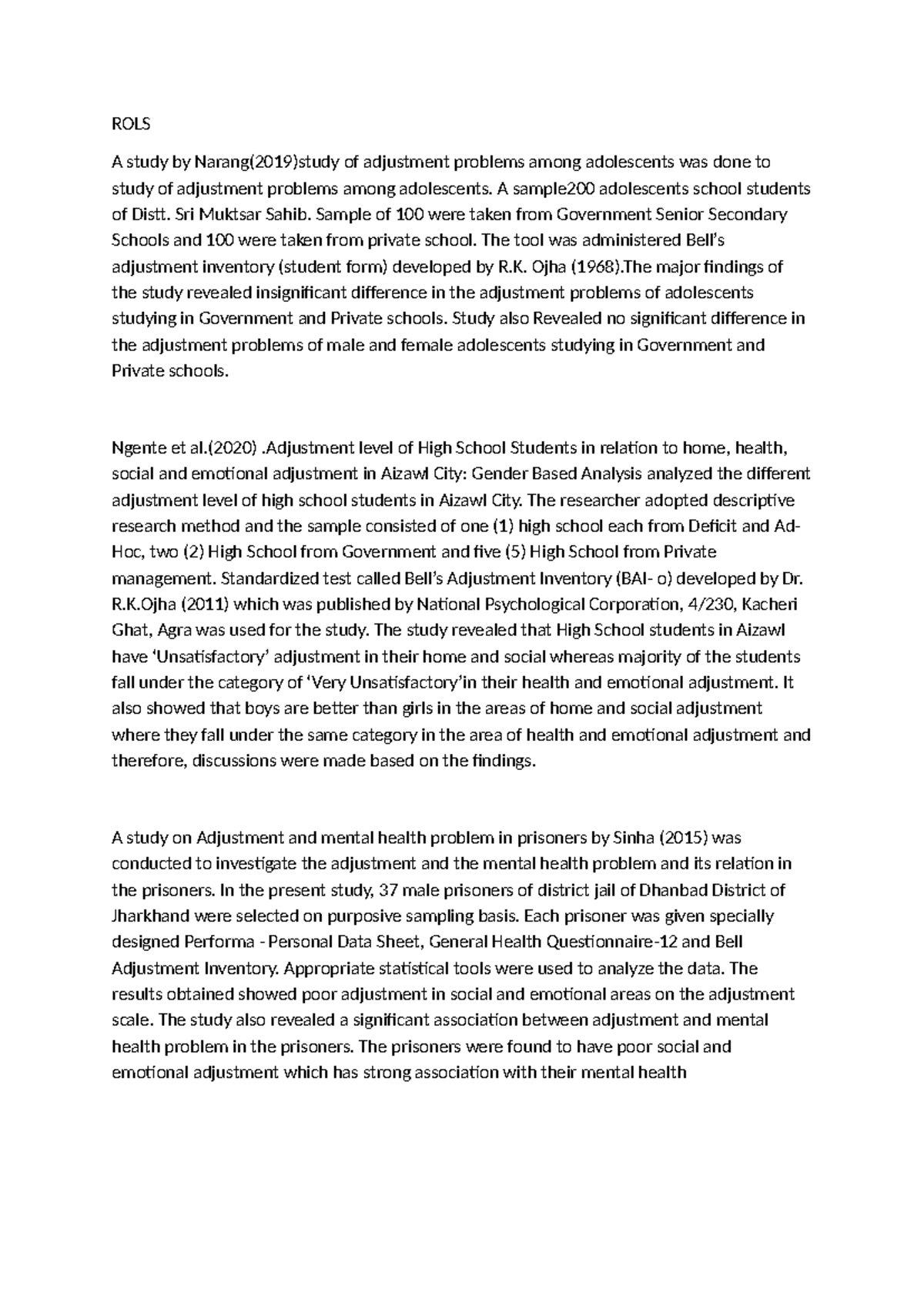 ROLS - ROL - ROLS A study by Narang(2019)study of adjustment problems ...
