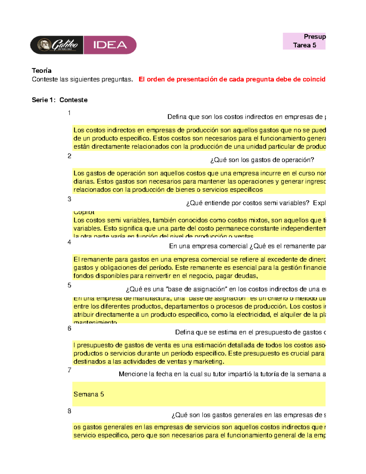 Presupuesto - Tarea 5: Análisis de Costos y Gastos en Empresas - Studocu