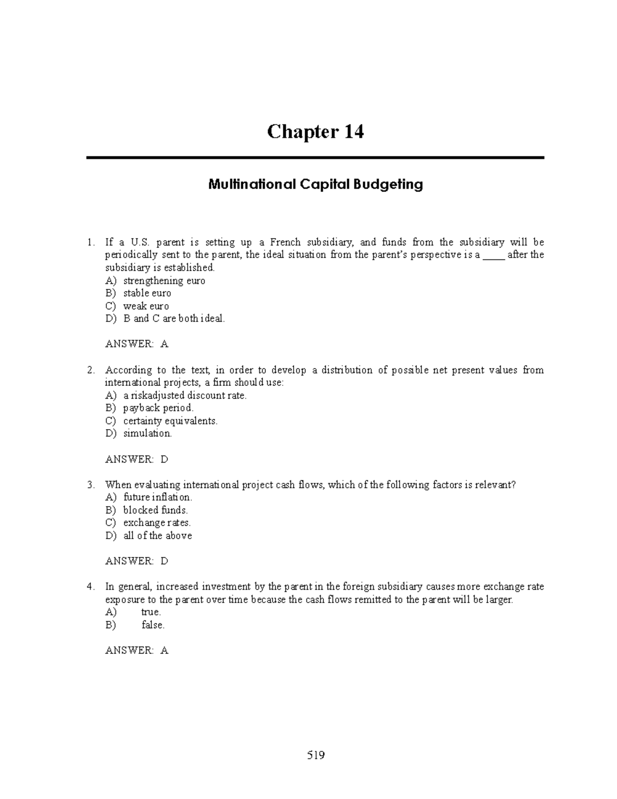 381573487 TB Multinational Capital Budgeting - Chapter 14 Study Guide ...