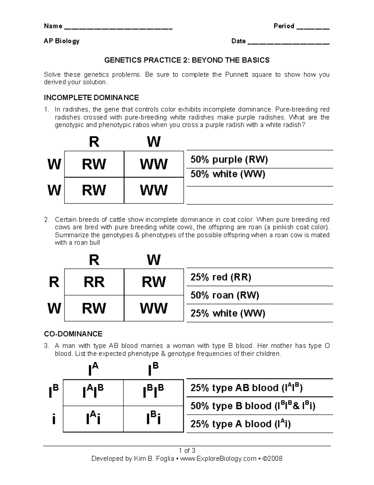 AP Biology Genetics Practice 2: Incomplete & Co-Dominance Explained ...