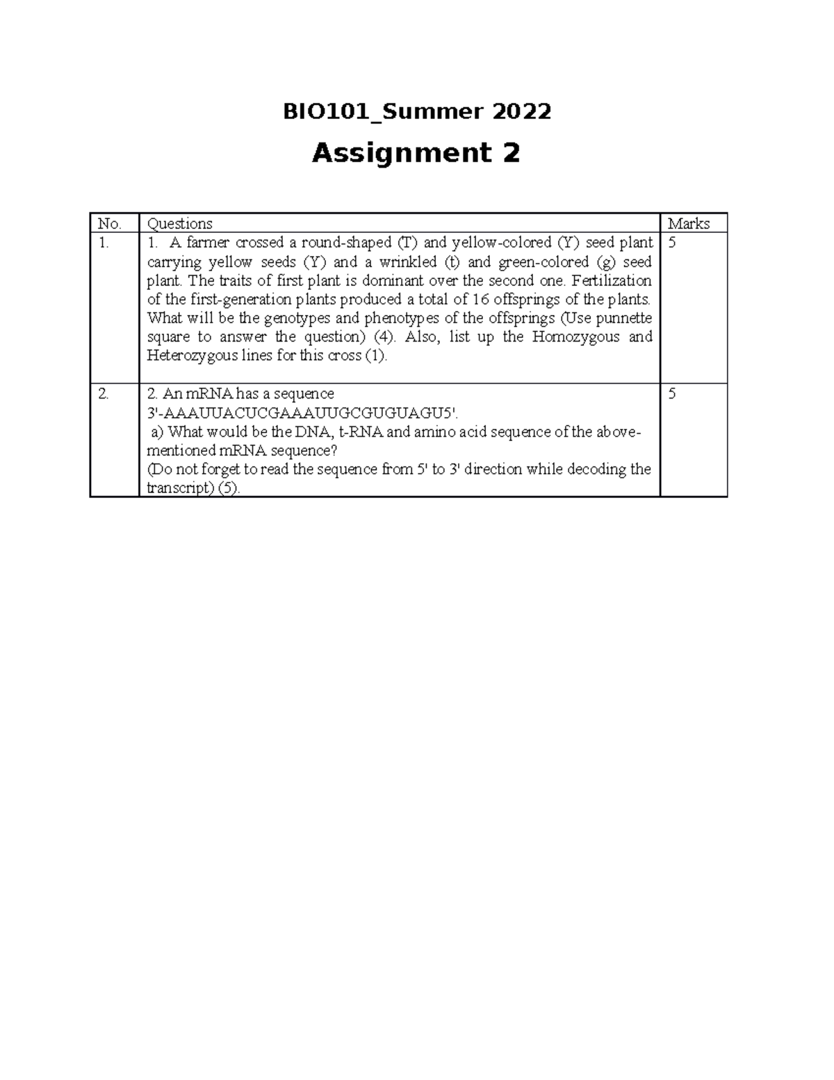 BIO101 Assignment 2 Questions - Summer 2022 Analysis & Solutions - Studocu