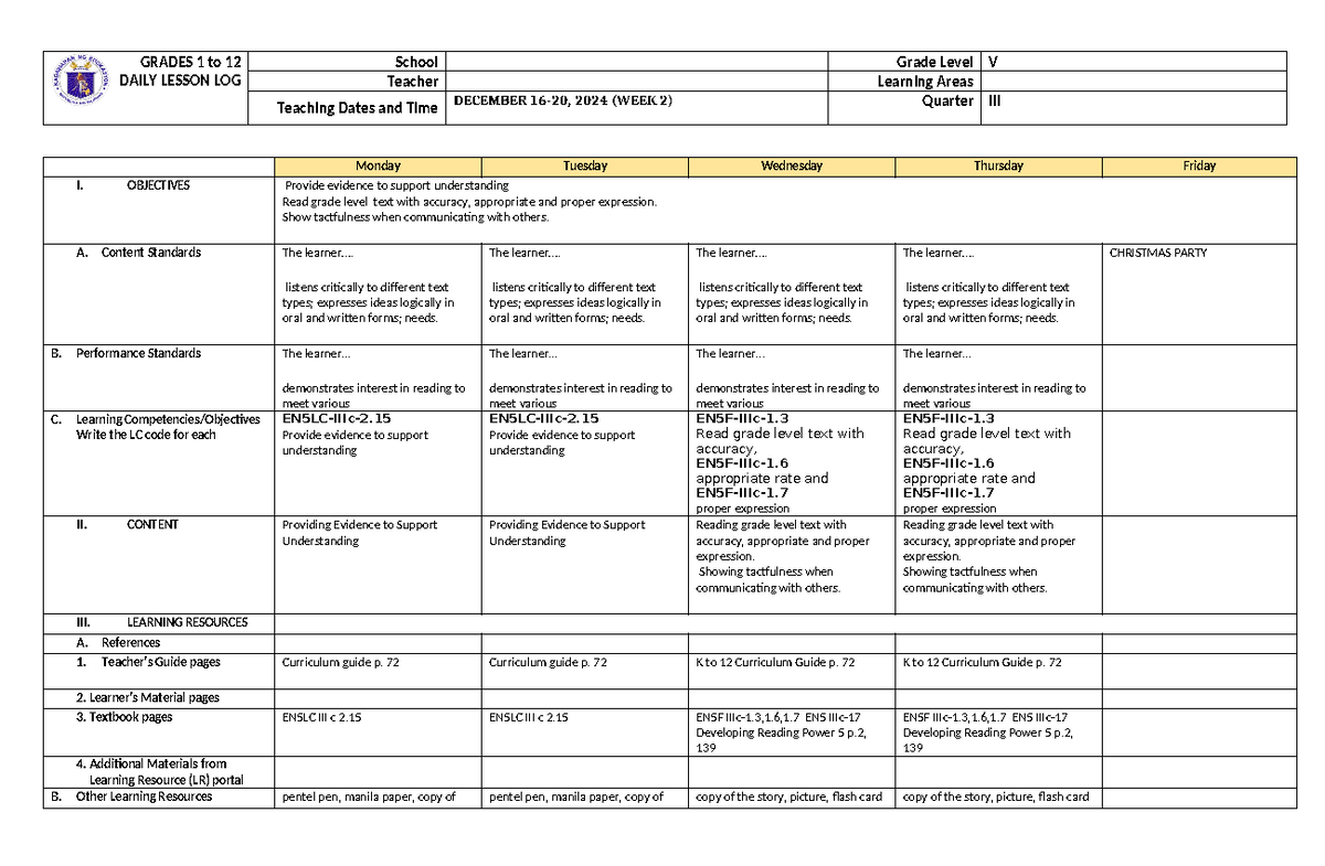 Grade 5 DLL English 5 Q3 Week 2 - GRADES 1 to 12 DAILY LESSON LOG ...