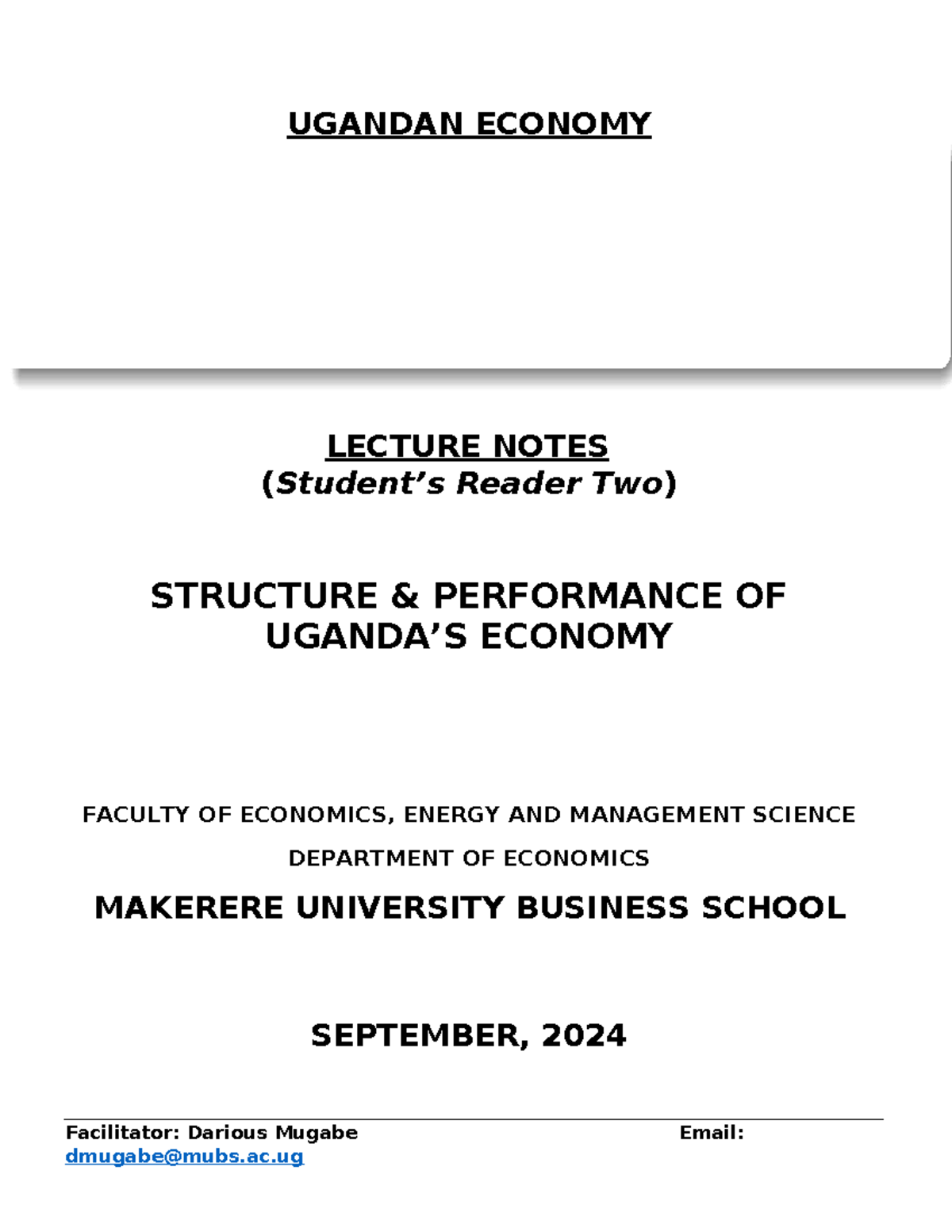 UGANDAN ECONOMY LECTURE NOTES: STRUCTURE & PERFORMANCE (BBA BPSM AY ...