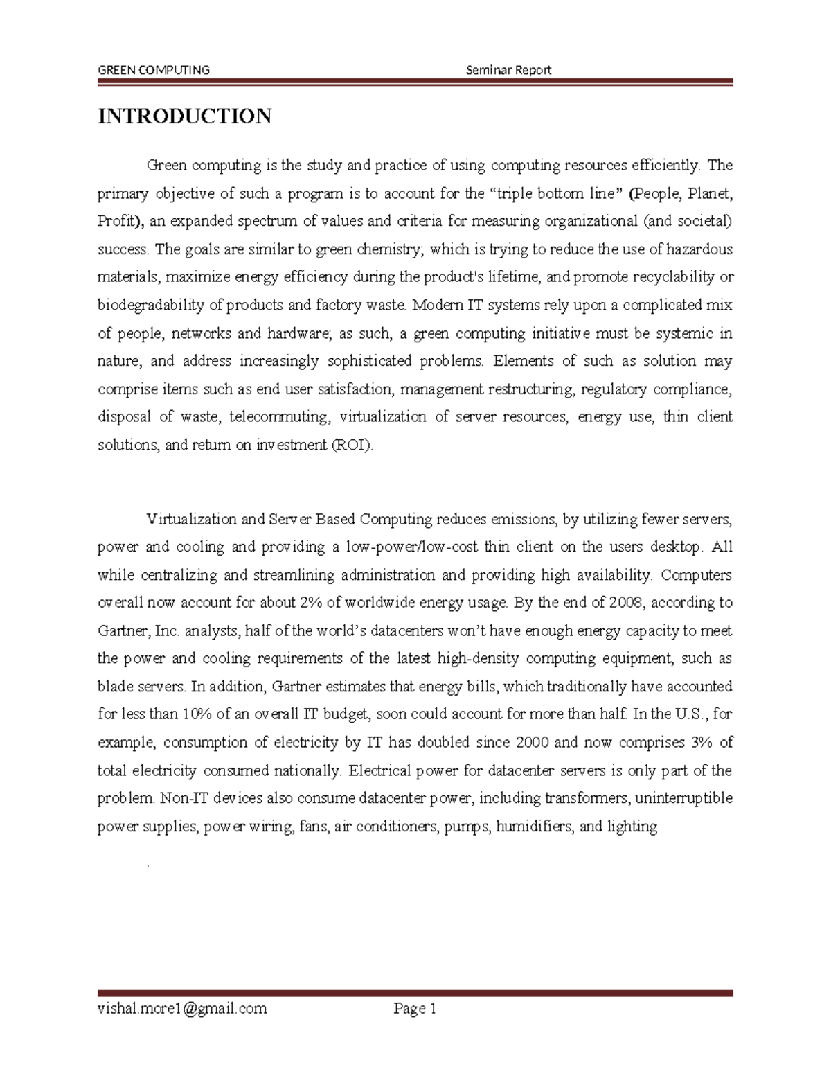 Engineering Seminar Report on Green Computing Initiatives - Studocu