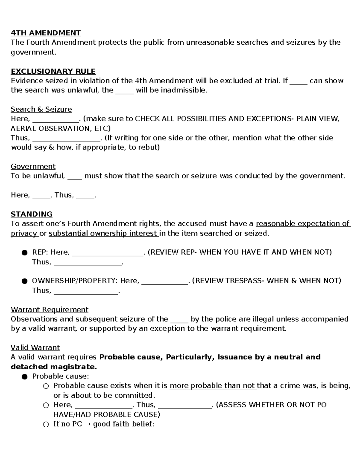 Criminal Procedure 4th Amendment Notes: Exclusionary Rule & Warrant ...