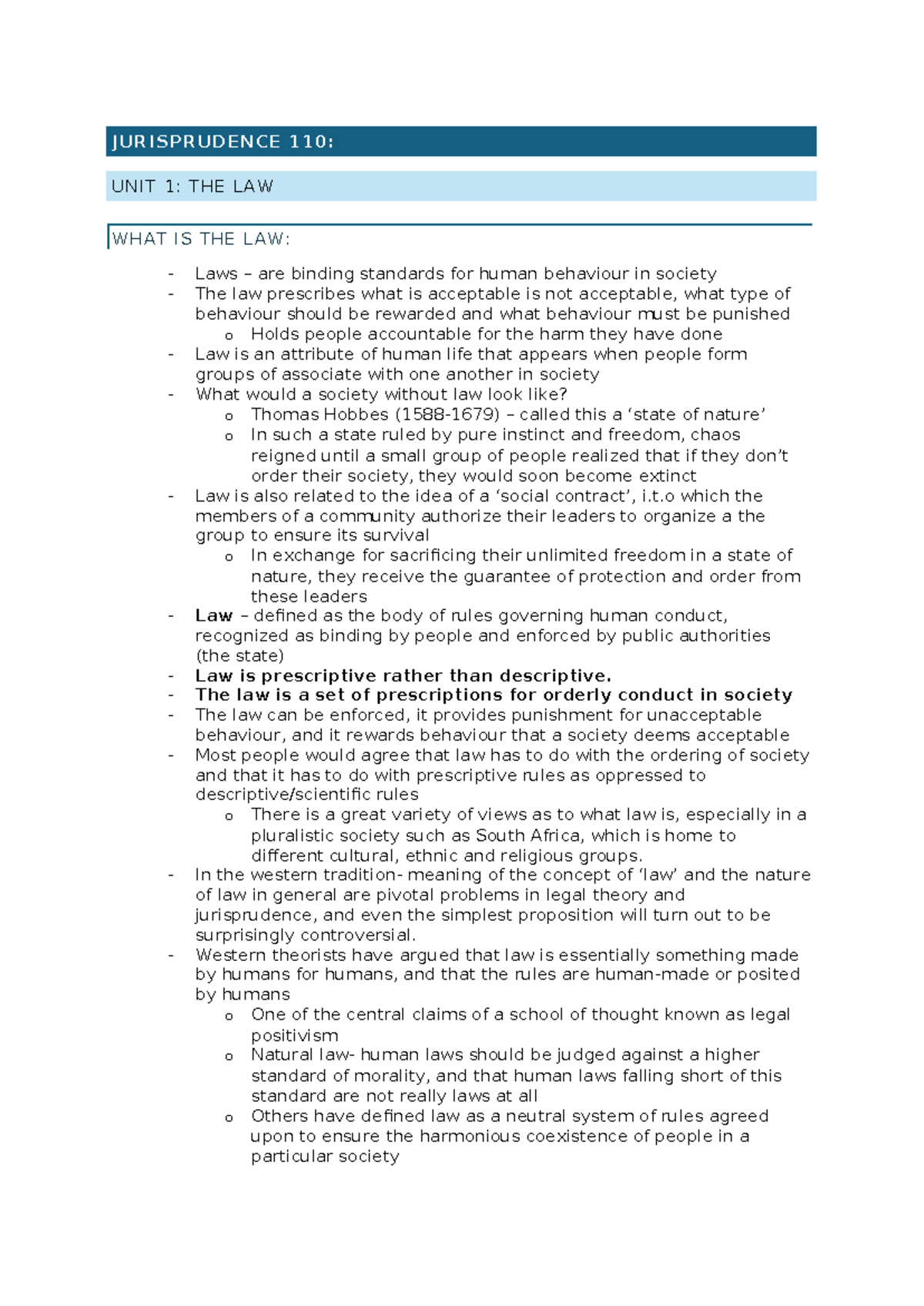 JURISPRUDENCE 110: UNIT 1 - THE LAW AND ITS FUNCTIONS IN SOCIETY - Studocu