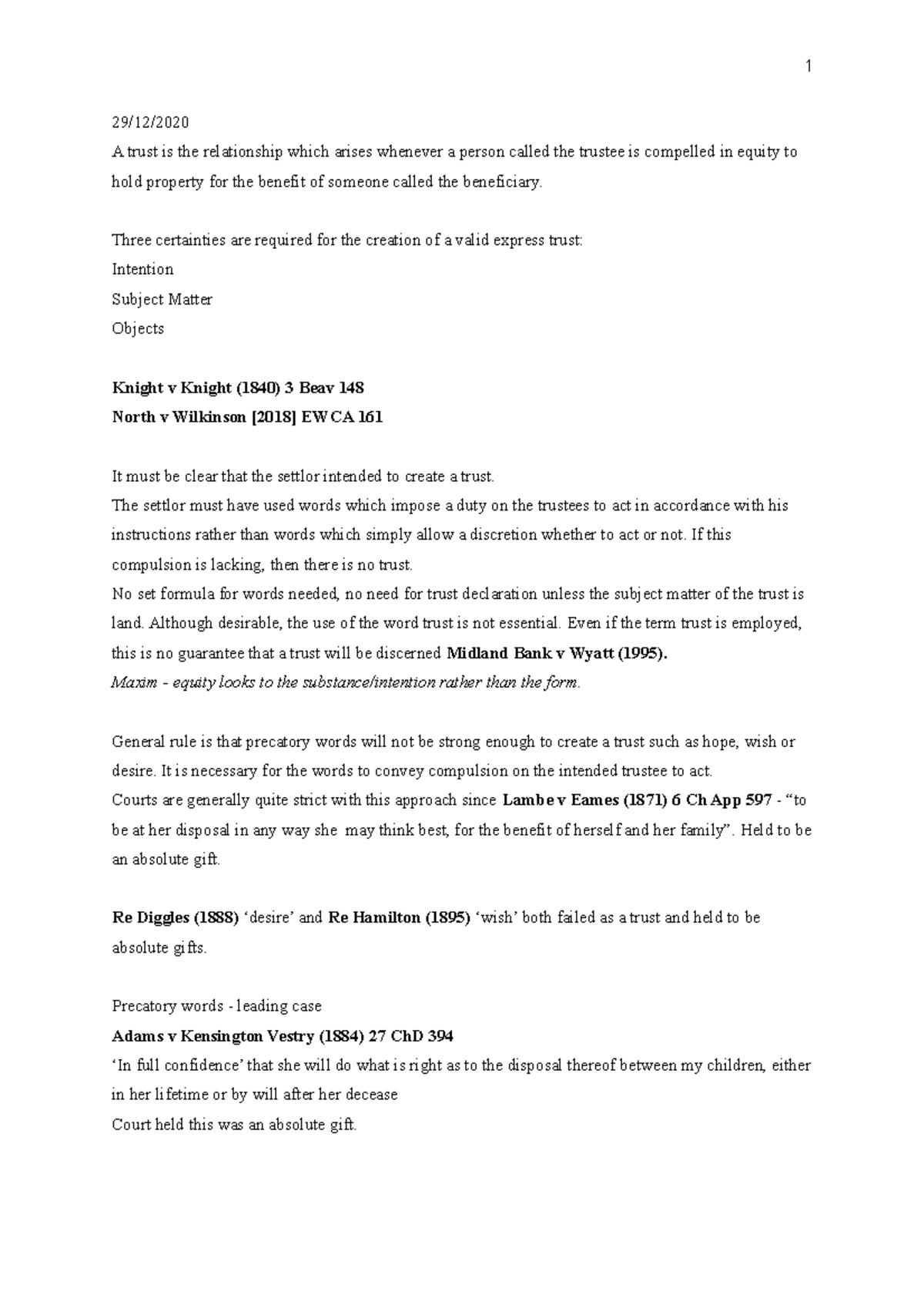 Equity and Trusts Revision Notes Part 1 - Key Concepts and Cases - Studocu