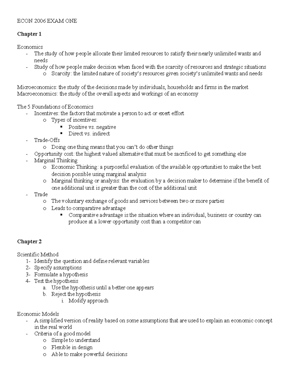 ECON 2006: Exam 1 Study Guide on Key Economic Concepts - Studocu