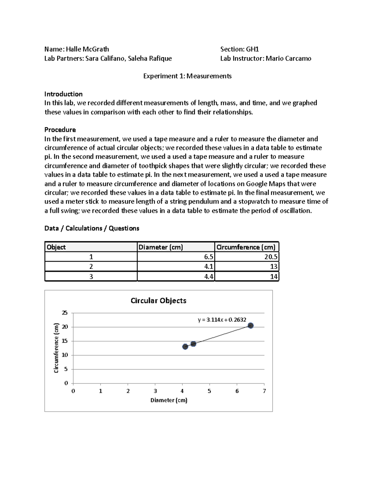 PHYS 20700 - Measurements Lab Report - Name: Halle McGrath Section: GH ...