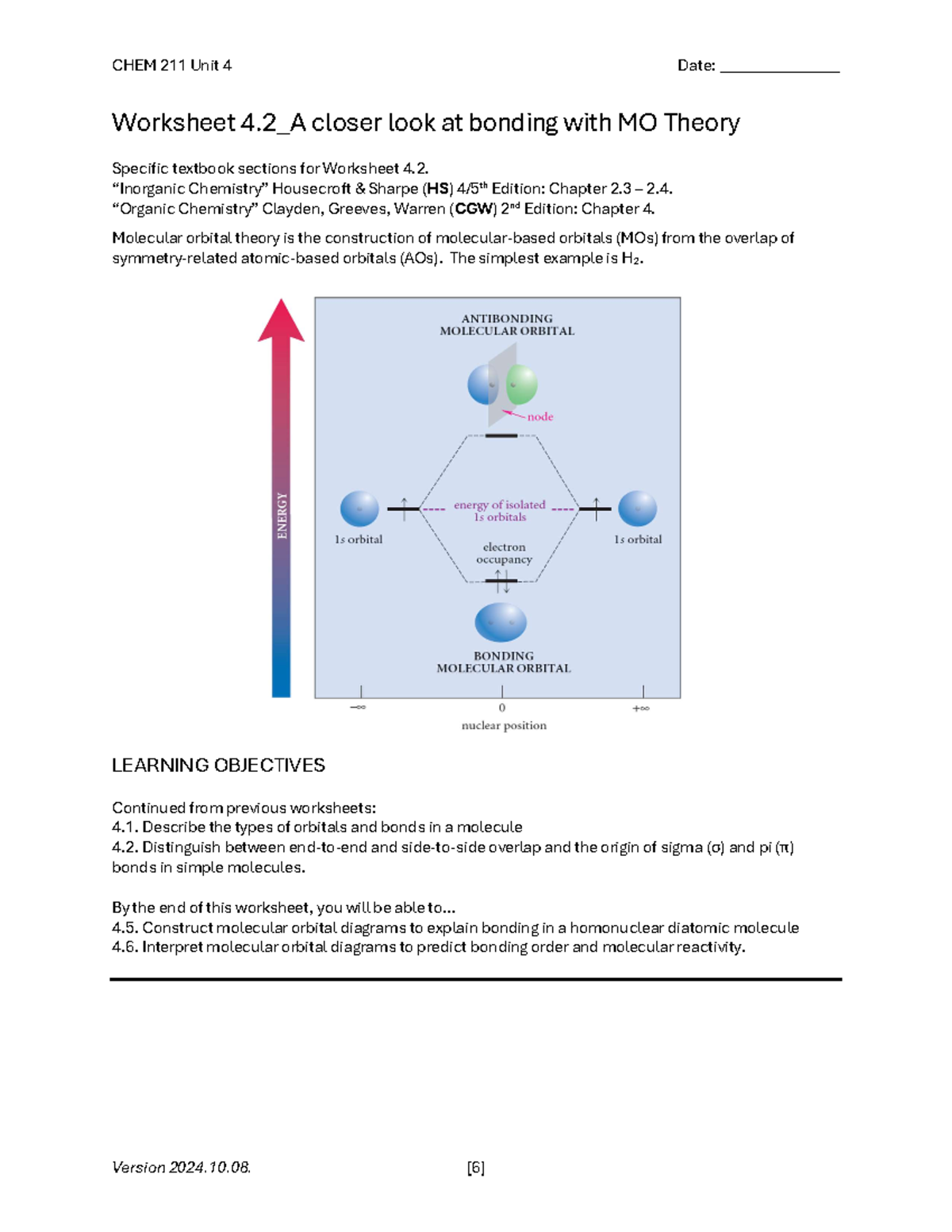 Unit 4.2: Molecular Orbital Theory Lecture Notes and Worksheet - Studocu