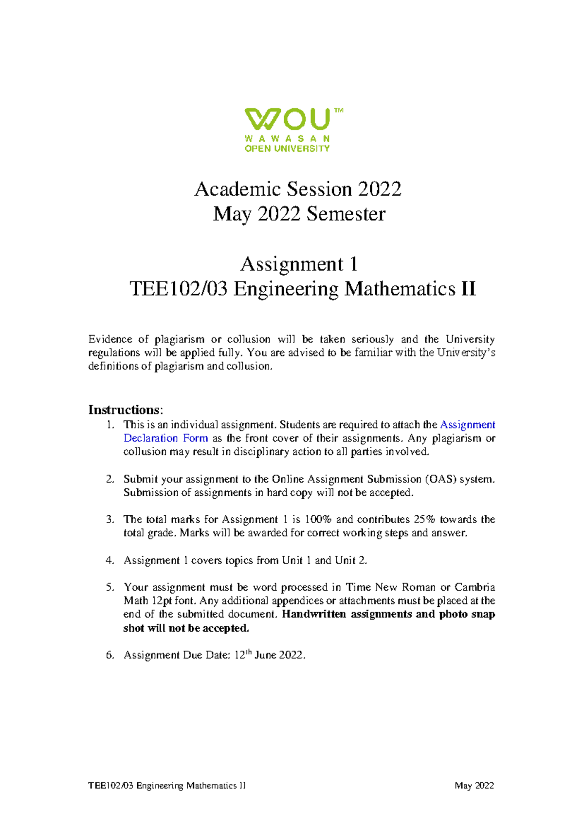 TEE102/03 Engineering Mathematics II - Assignment 1 May 2022 - Studocu