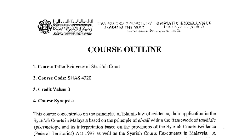SHAS 4320 Evidence of Shariah Court Course Outline and Overview - Studocu