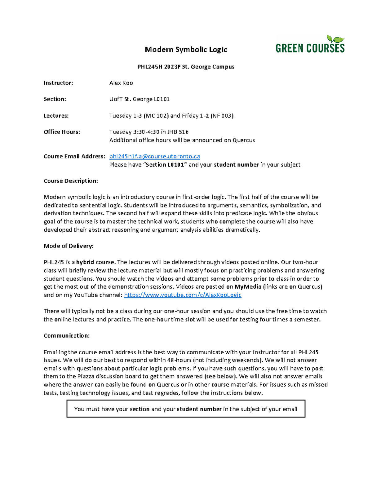 PHL245H Modern Symbolic Logic Syllabus - St. George Campus 2023F - Studocu