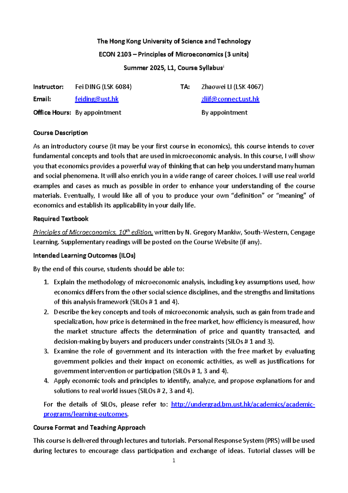 ECON 2103 Syllabus: Principles of Microeconomics (Summer 2025) - Studocu