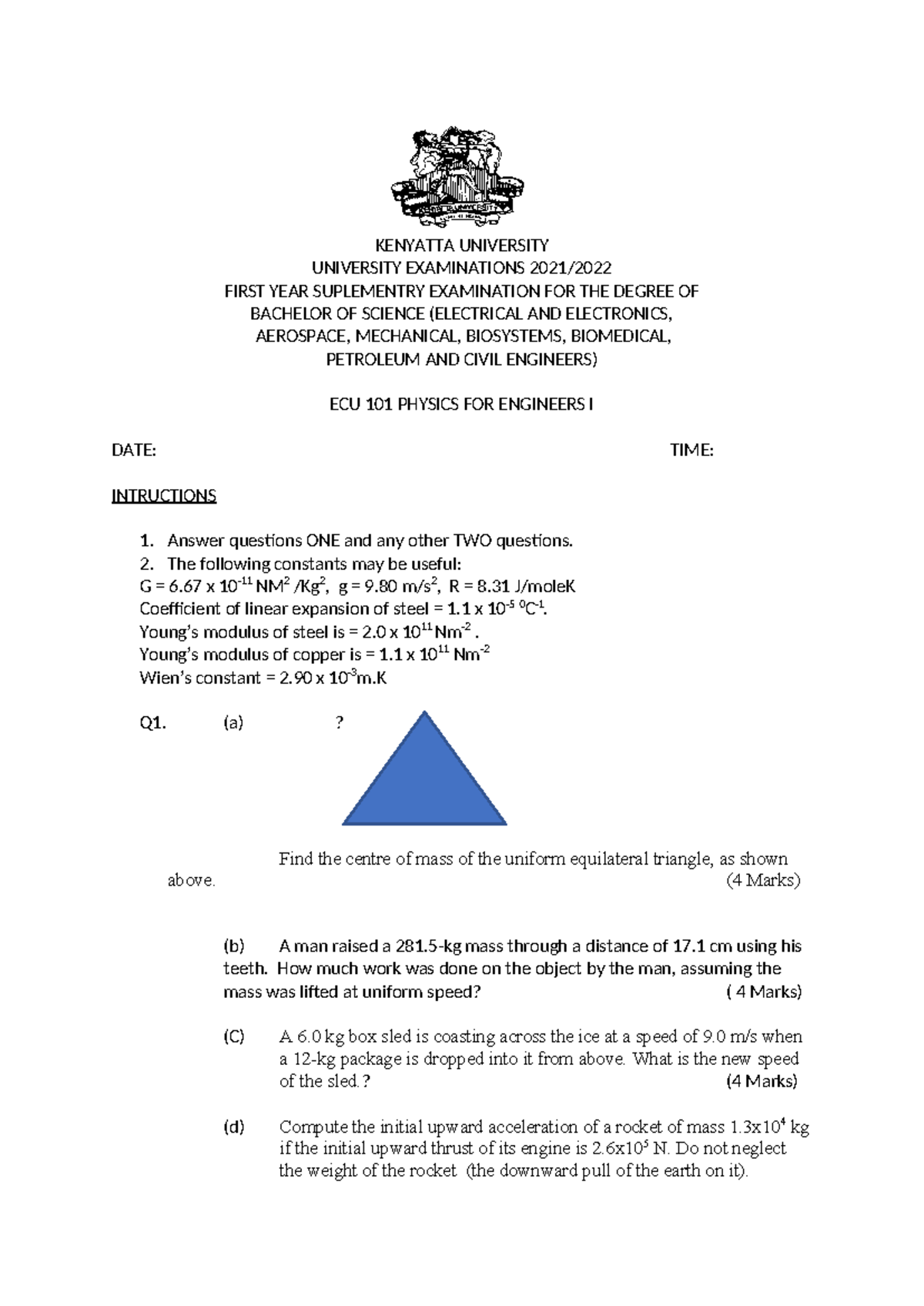 ECU 101 Physics for Engineers I: Supplementary Exam Notes - Studocu