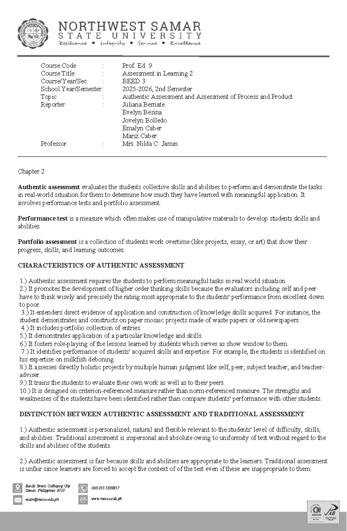 BEED 3: Chapter 2 - Authentic Assessment in Learning 2 - Studocu