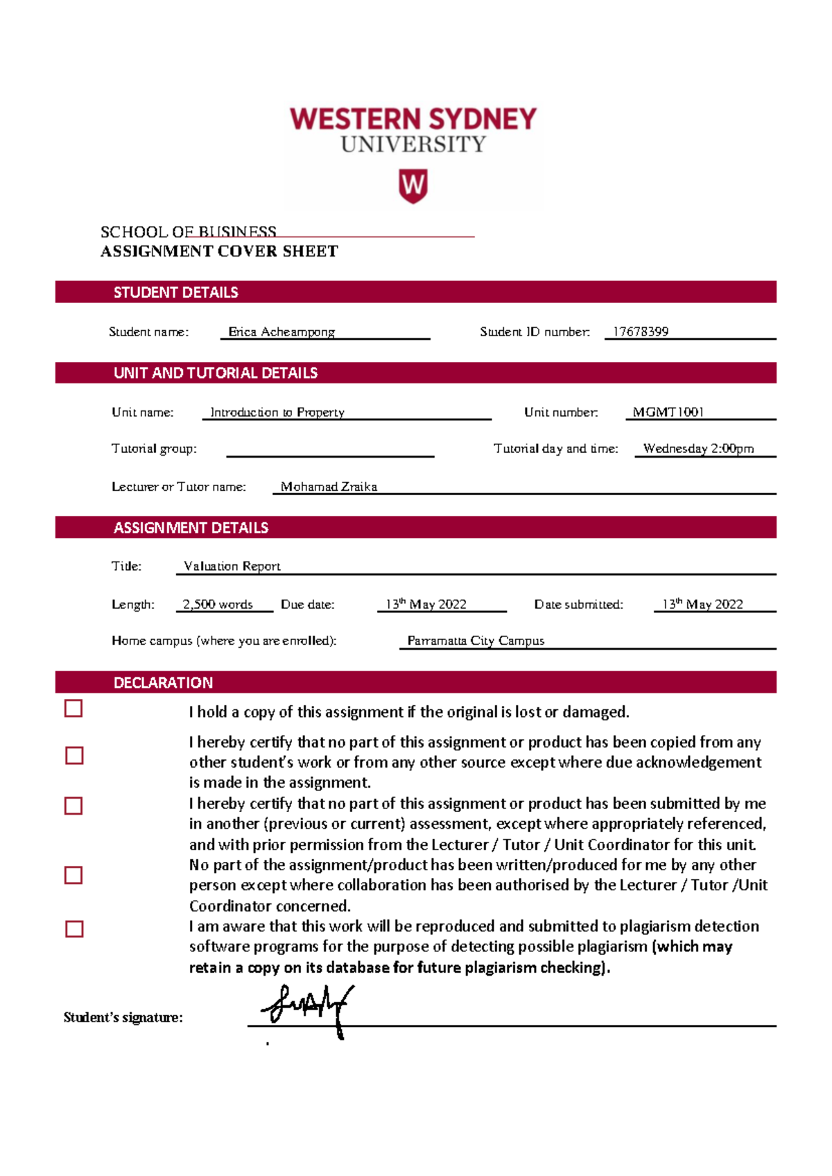 Individual Valuation Report - SCHOOL OF BUSINESS ASSIGNMENT COVER SHEET ...