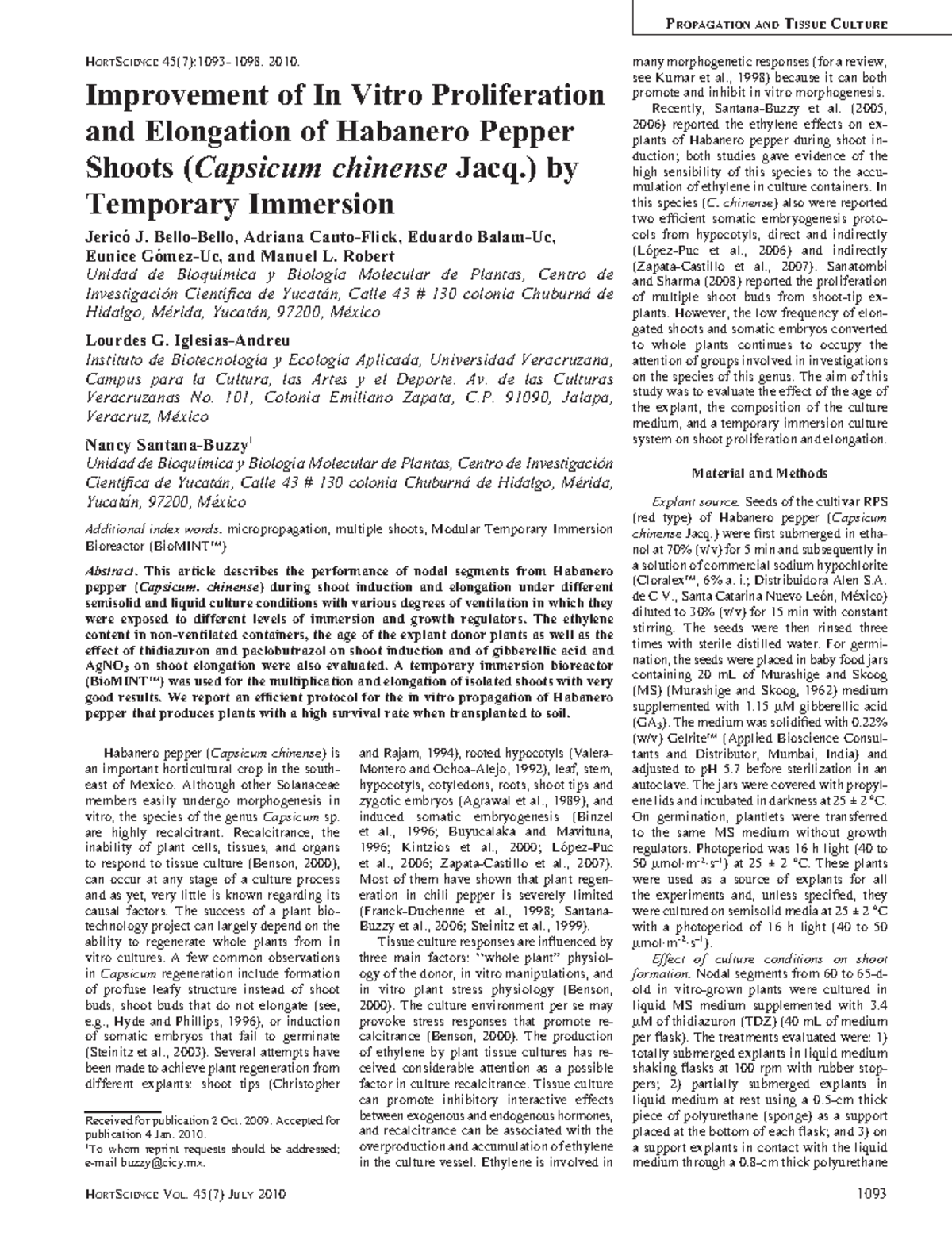 HORTSCI 45(7): In Vitro Growth of Habanero Pepper Shoots via BioMINT ...