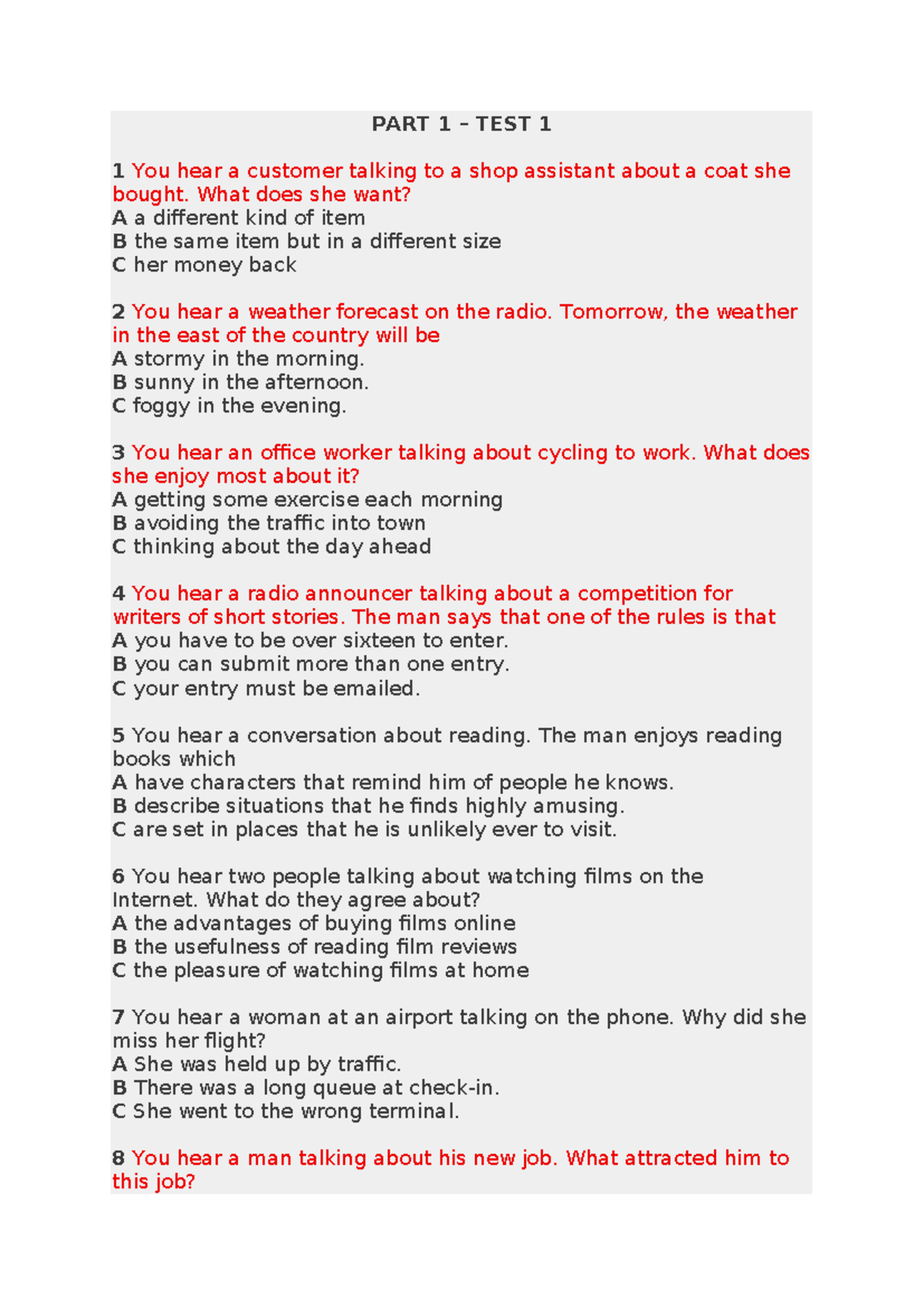 PART 1 TEST 1 & 2: Listening Comprehension Practice - Studocu