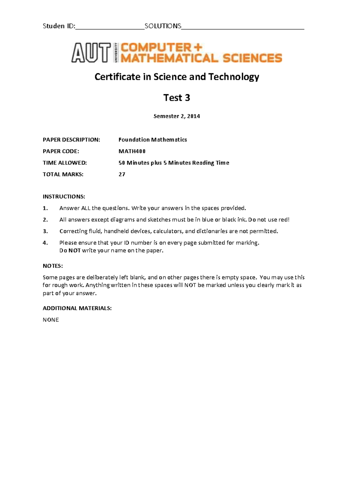 MATH 2014 Test 3 Solutions: Foundation Mathematics Answers - Studocu