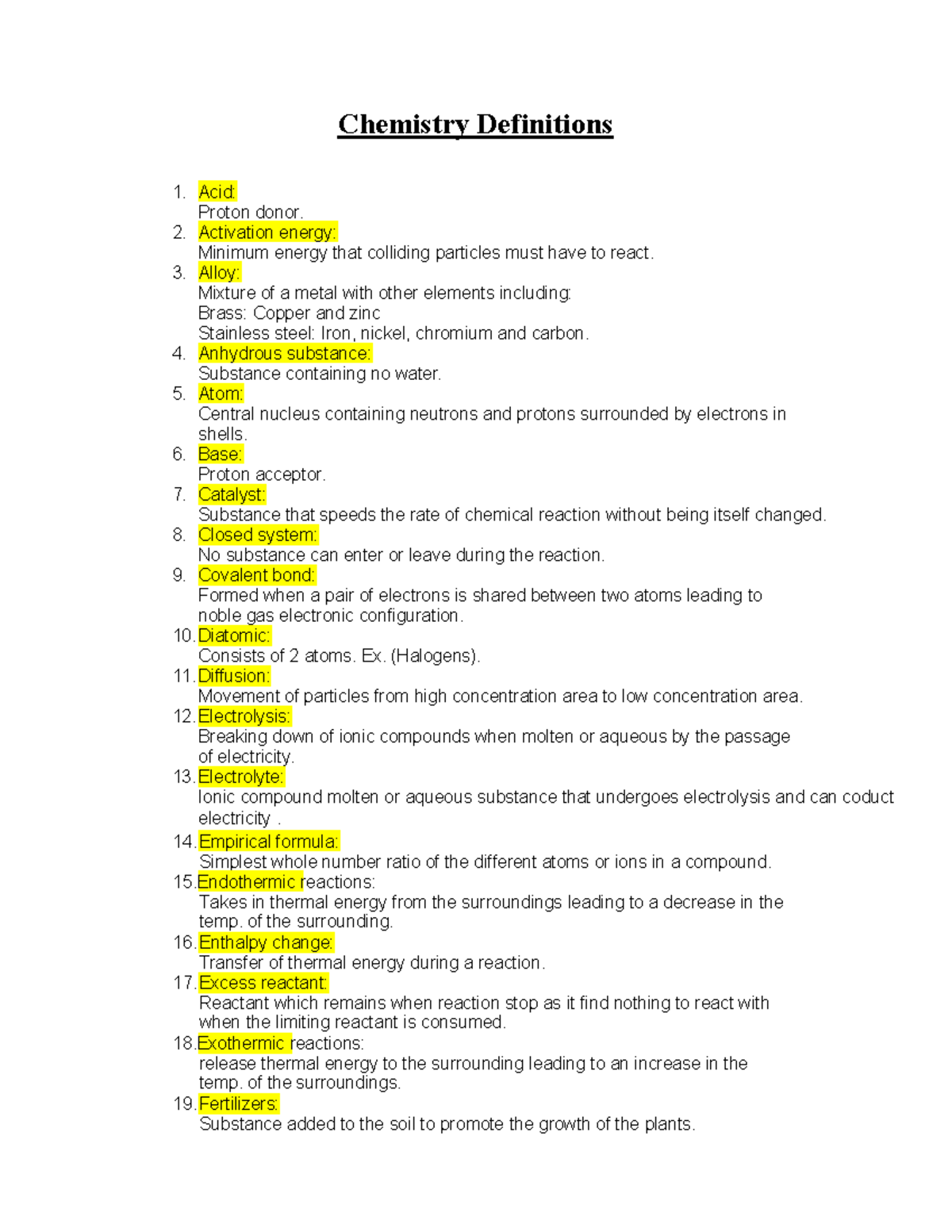 Chemistry Definitions: Key Terms and Concepts for Study (CHEM101) - Studocu