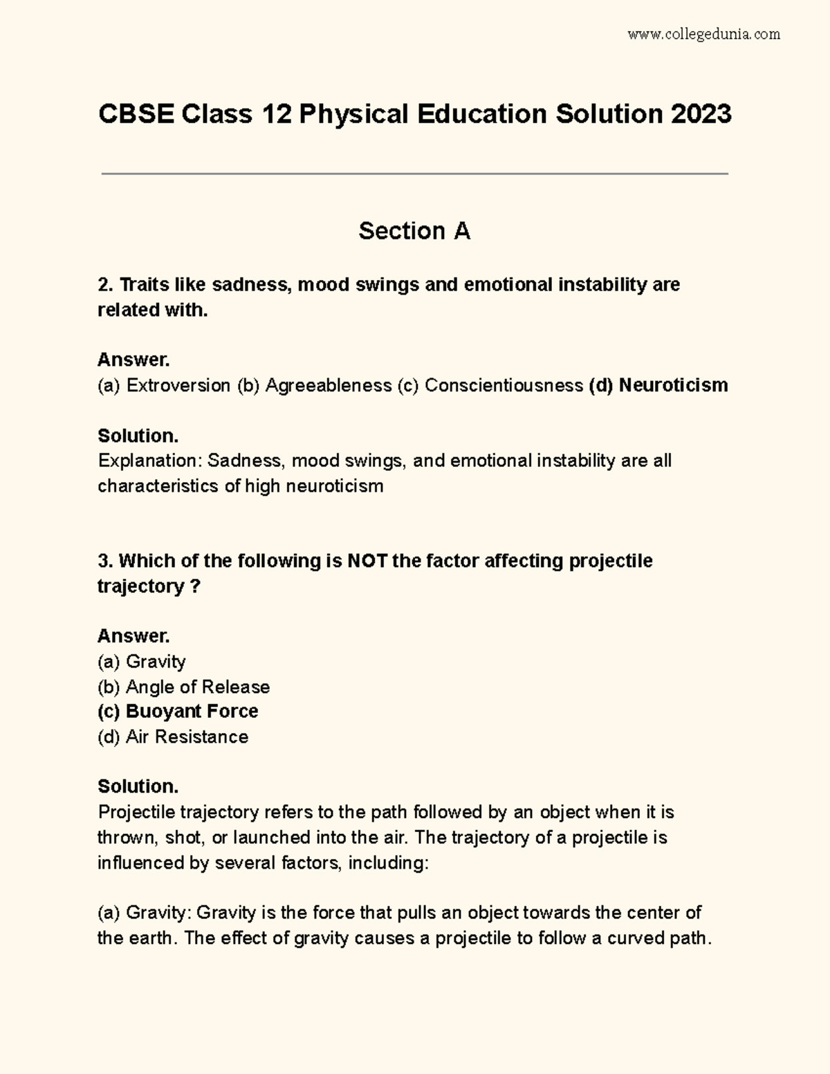 CBSE Class 12 Physical Education Question Paper 2023 with Answer Key ...