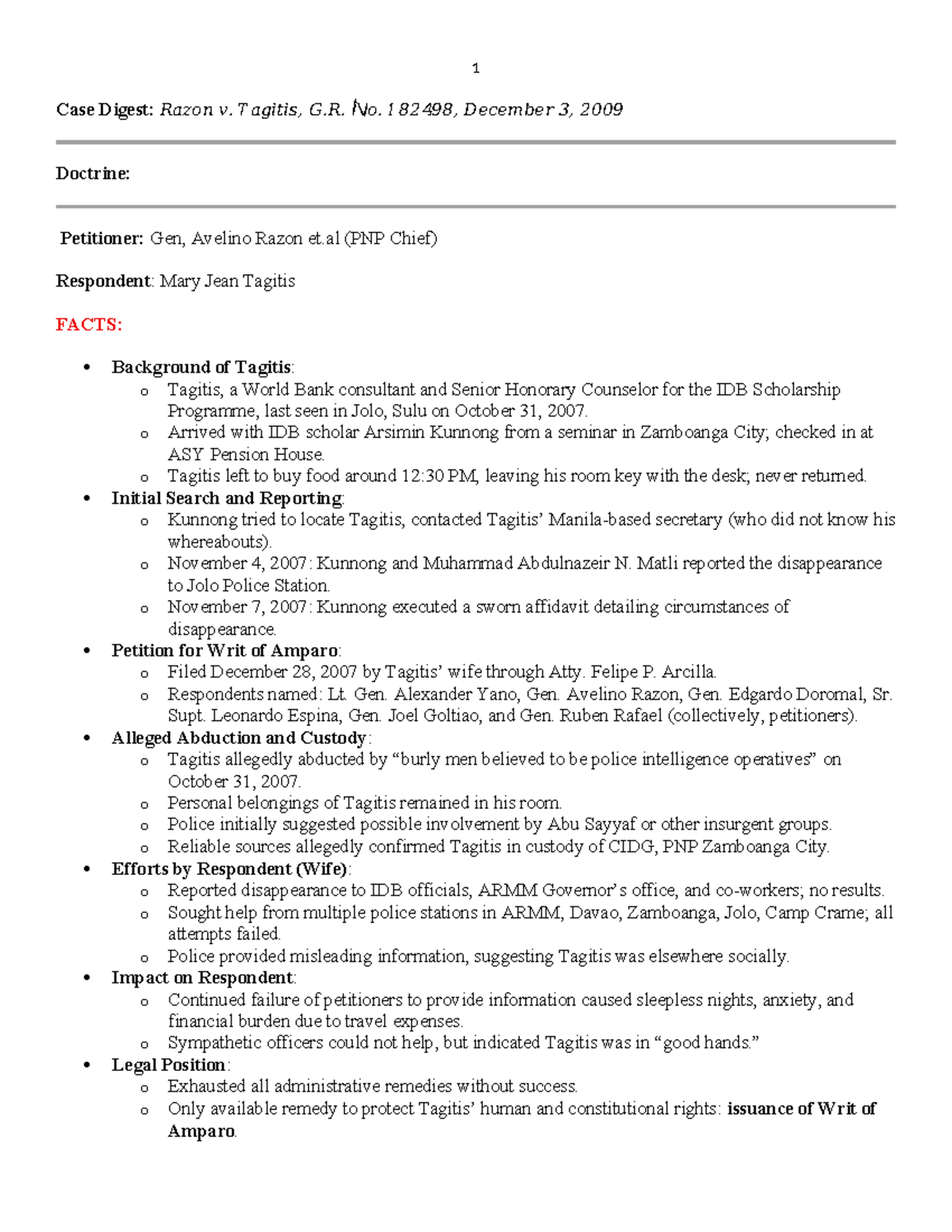 Case Digest: Razon v. Tagitis, G.R. No. 182498 - Enforced Disappearance ...
