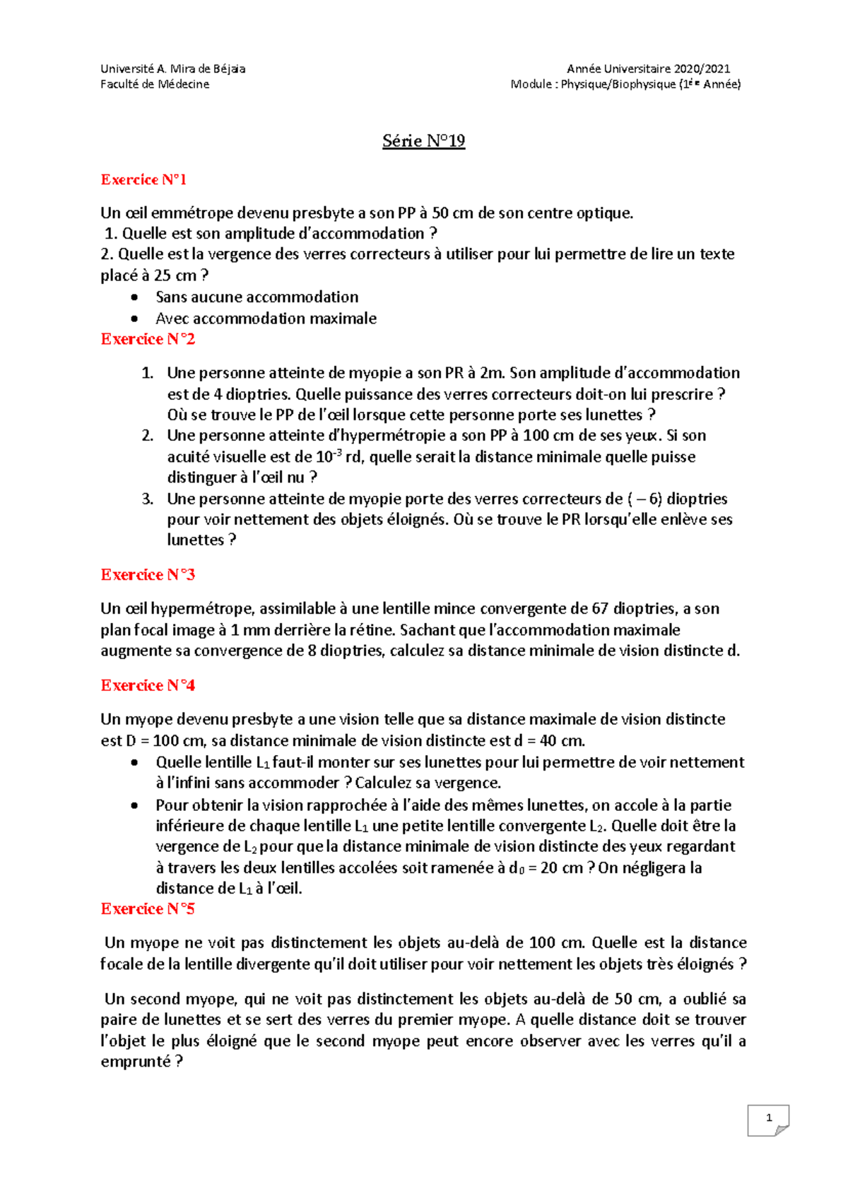 Série 19 Corrigé - Physique/Biophysique 1ère Année Exos et Solutions - Document Preview