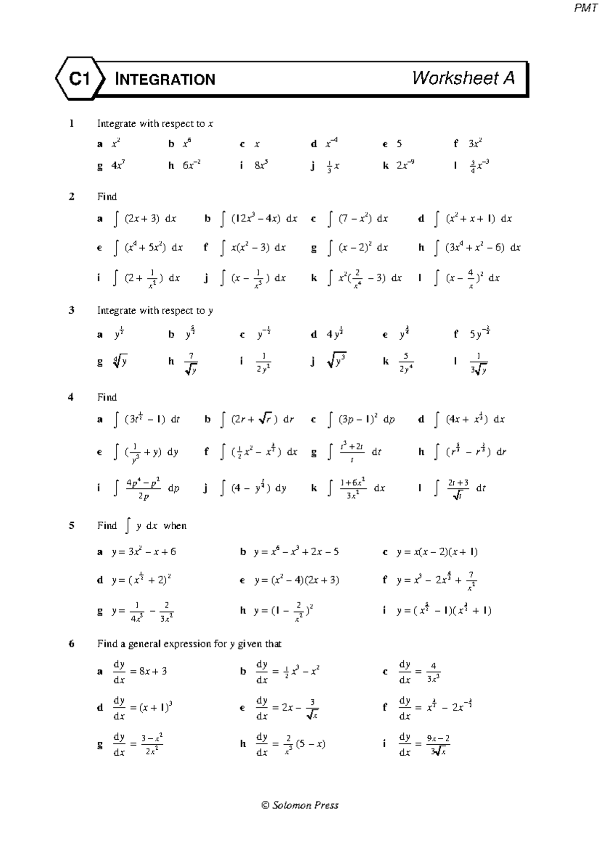 C1 Integration - Worksheet Questions and Solutions - Studocu