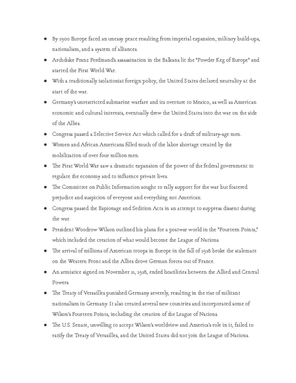 US History Chapter 28: Prelude to WWI and US Involvement - Studocu