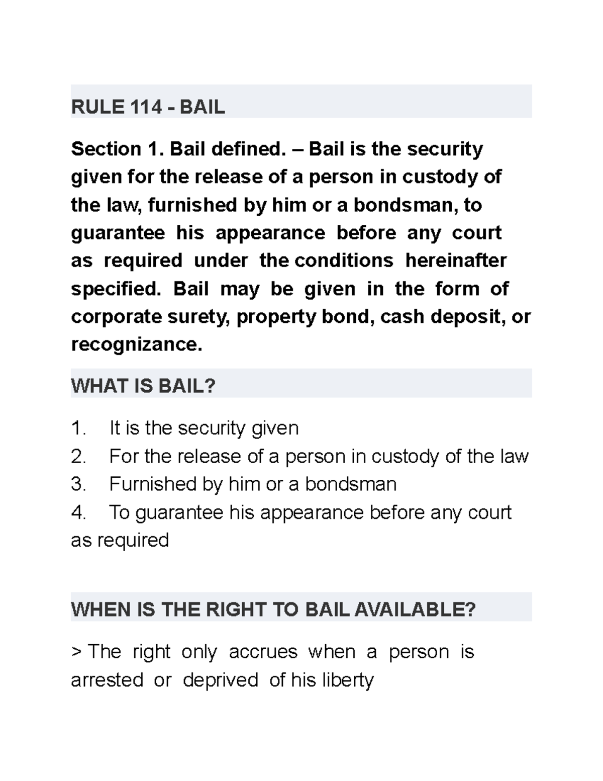 BAIL - Legal Concepts and Rules (Course Code LAW) - Studocu
