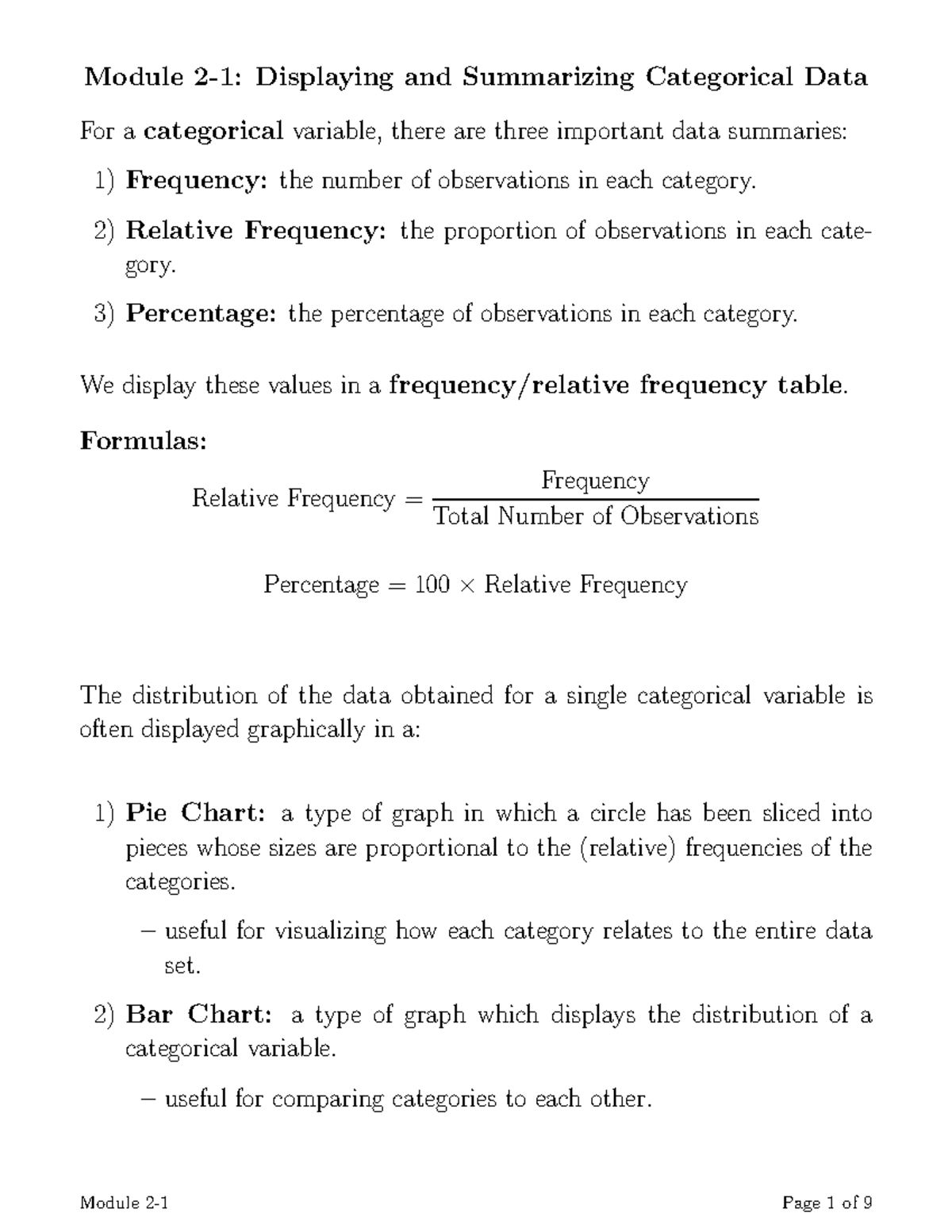 Module 2-1: Displaying & Summarizing Categorical Data in Stat 151 - Studocu