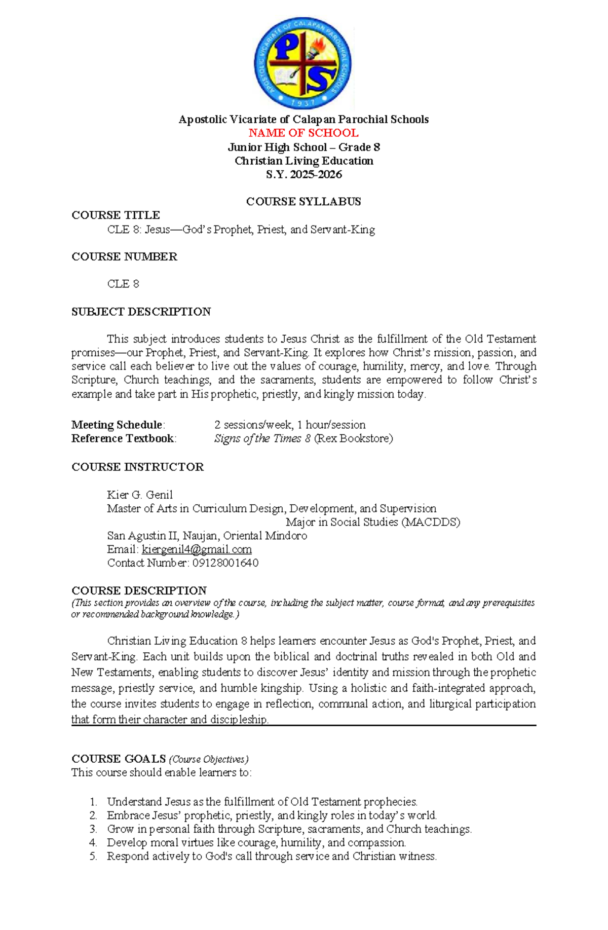 Course Syllabus for CLE 8: Jesus as Prophet, Priest, and King - Studocu