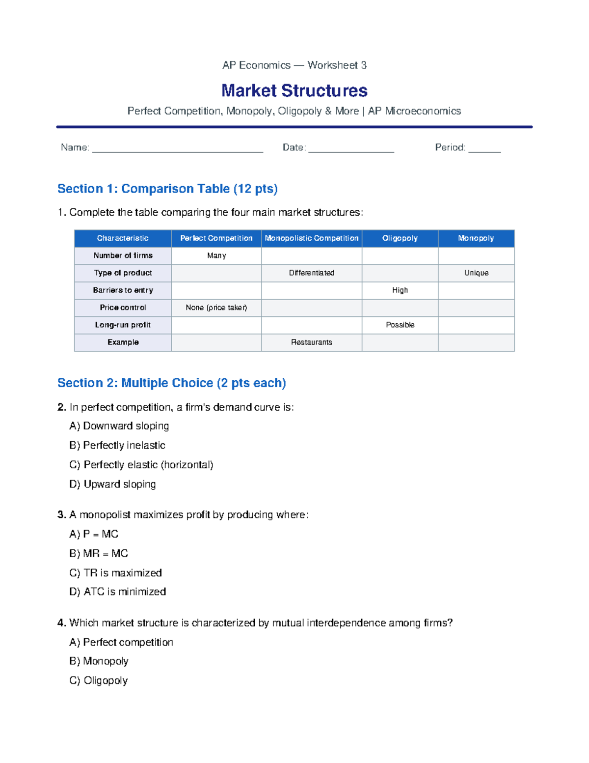 AP Microeconomics WS3: Market Structures - Perfect Competition & More ...