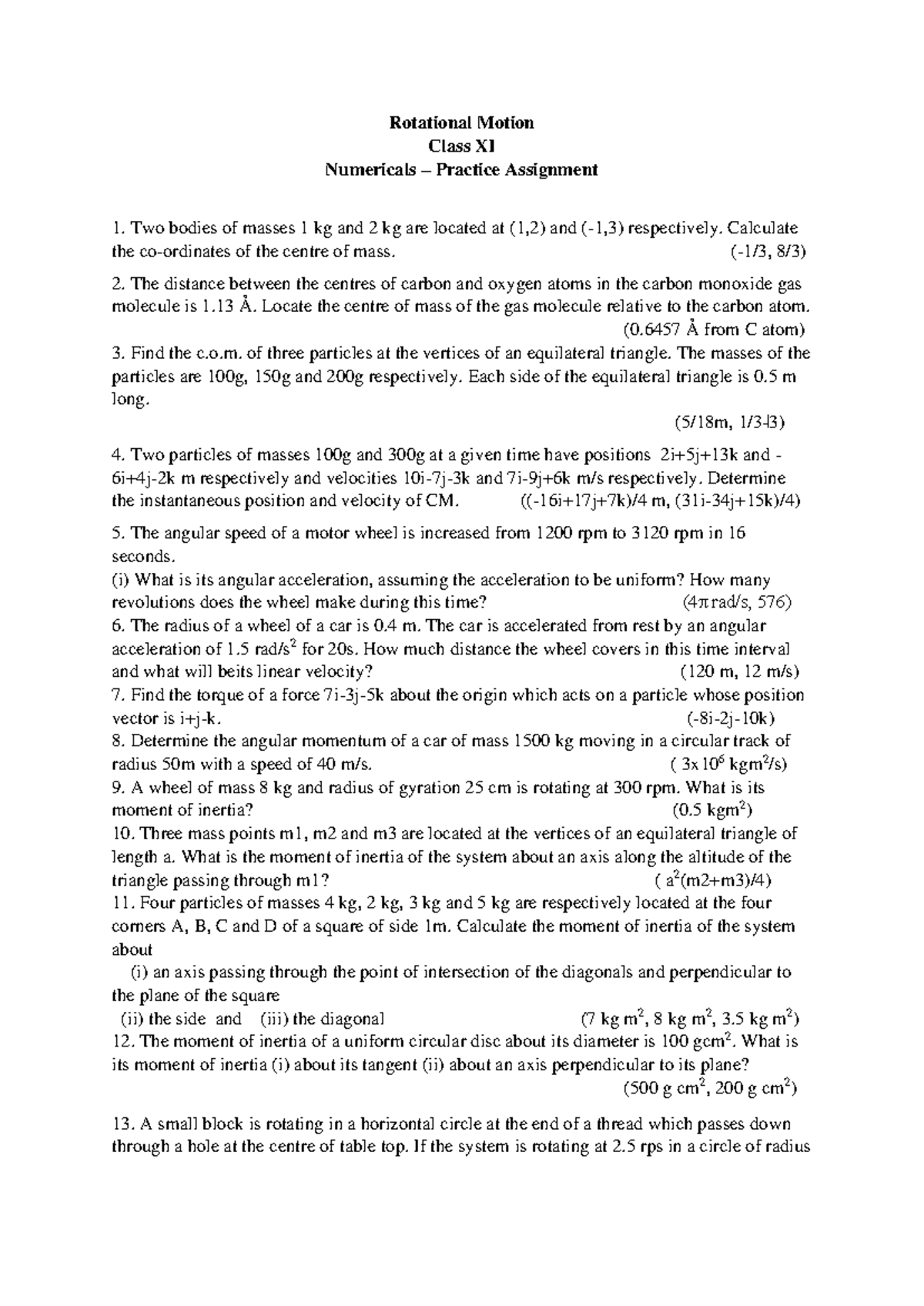 Rotational Motion numerical assignment - Rotational Motion Class XI ...