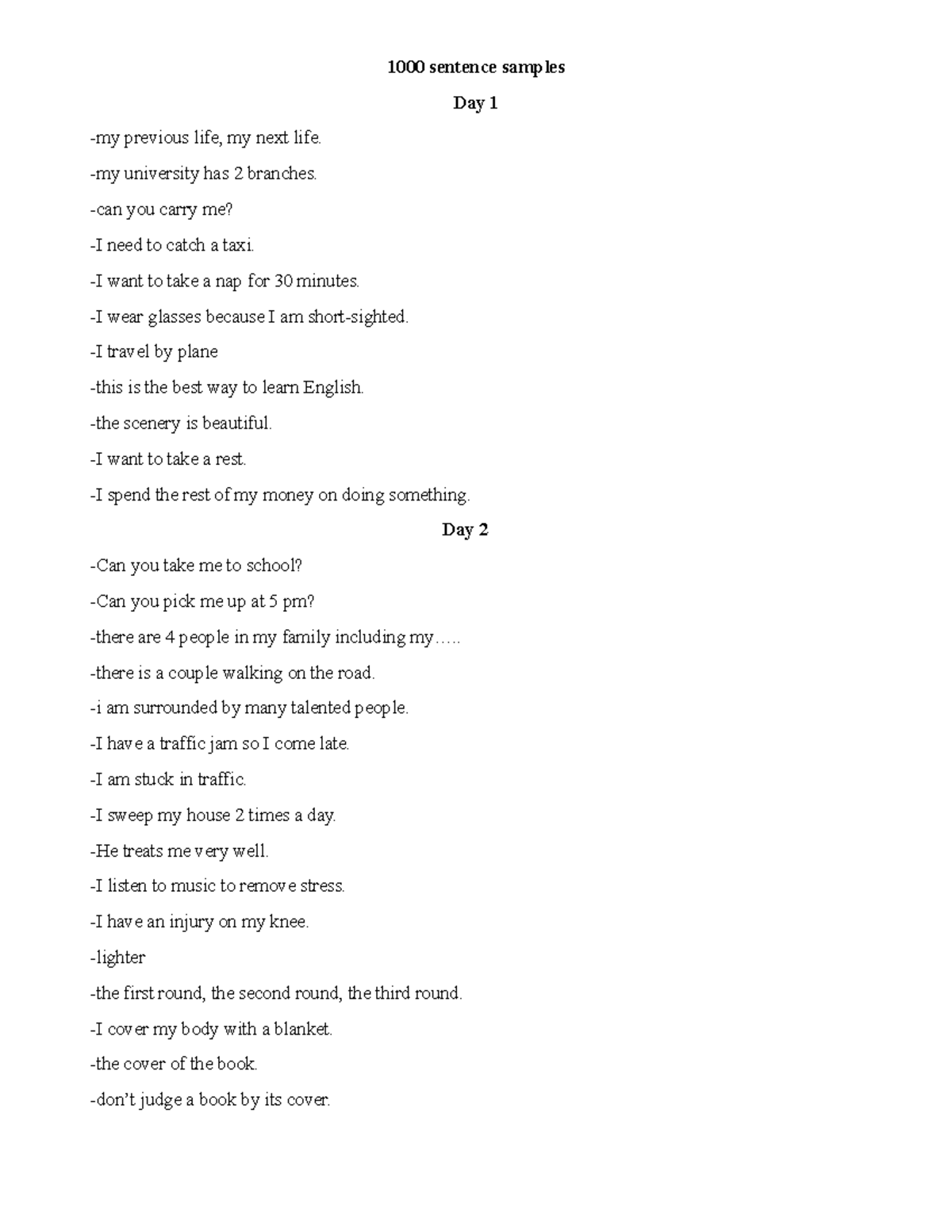 1000 Sentence Samples for English Learning: Daily Life Scenarios - Studocu