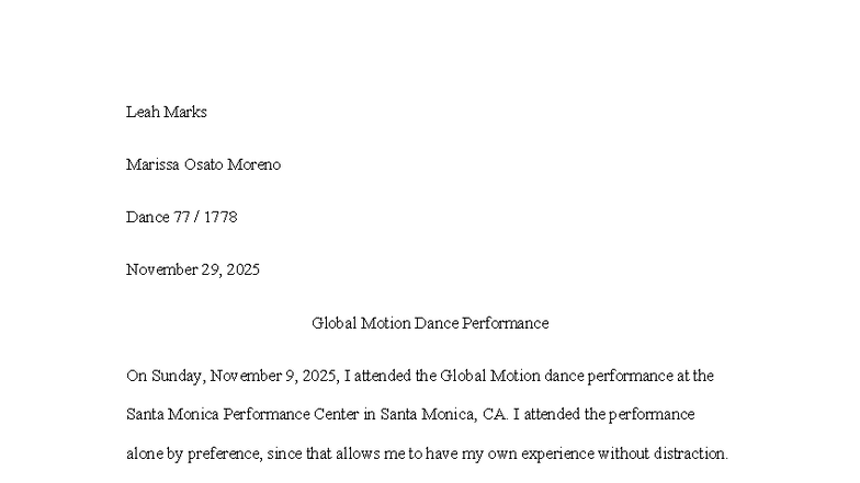 Dance 77: Reflection on Global Motion Performance - Nov 2025 - Studocu