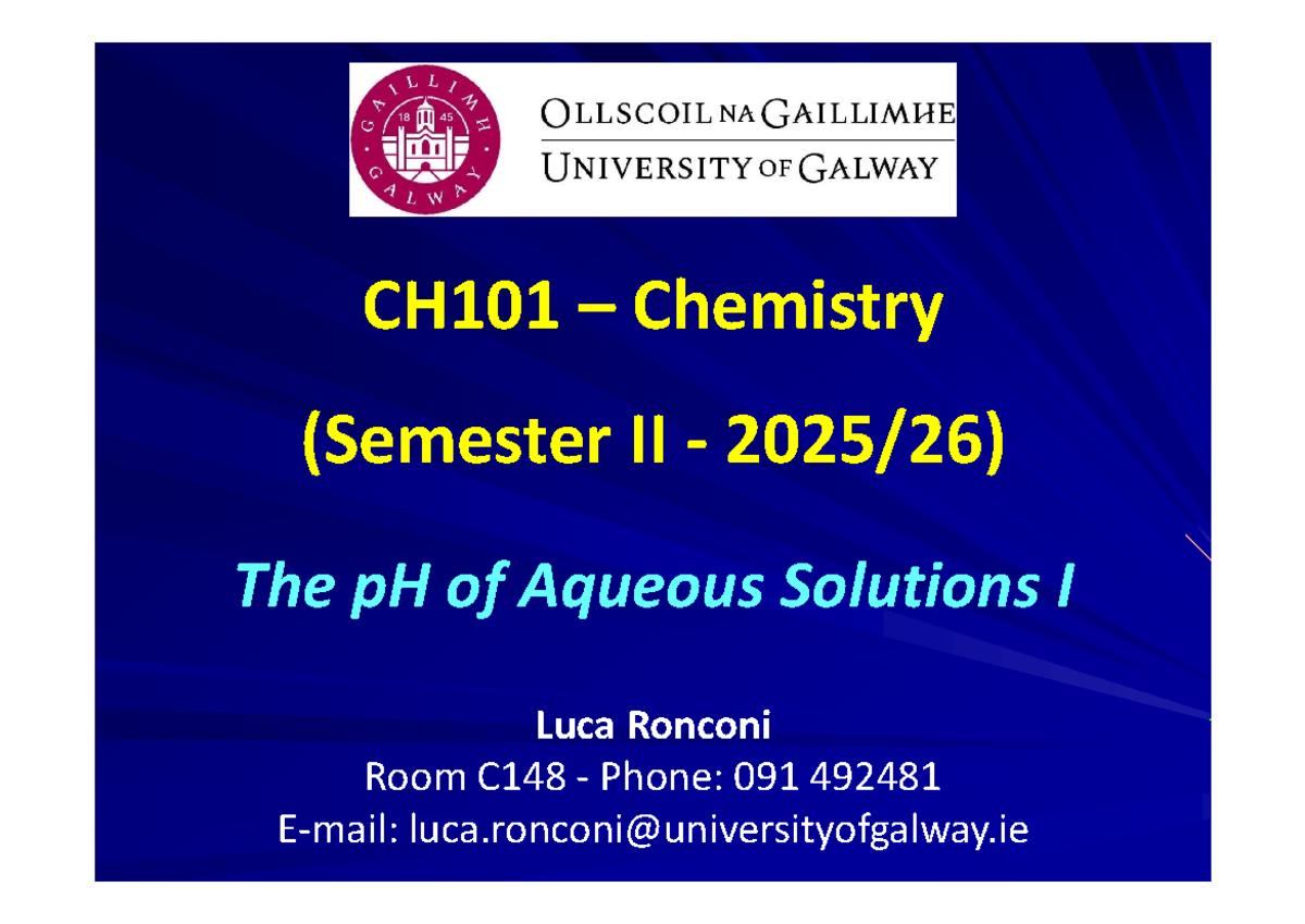 CH101 Lecture 4 (LR) - Understanding pH in Aqueous Solutions - Studocu