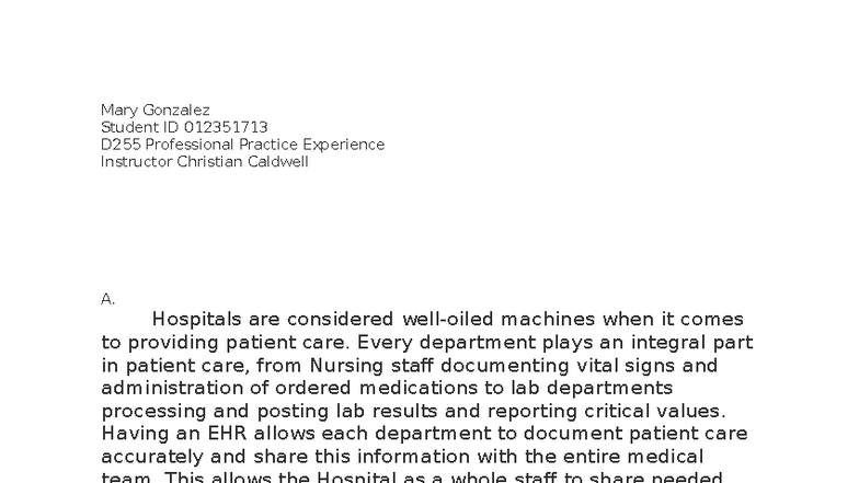 D255 Professional Practice: Task 2 on Healthcare Documentation ...