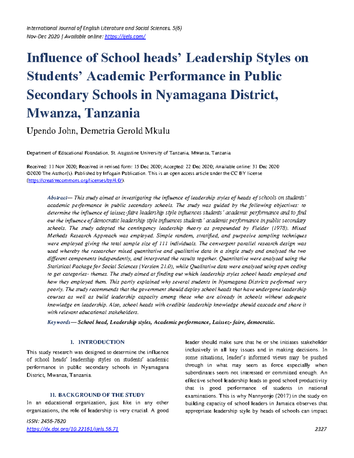 Influence of Leadership Styles on Academic Performance in Schools ...