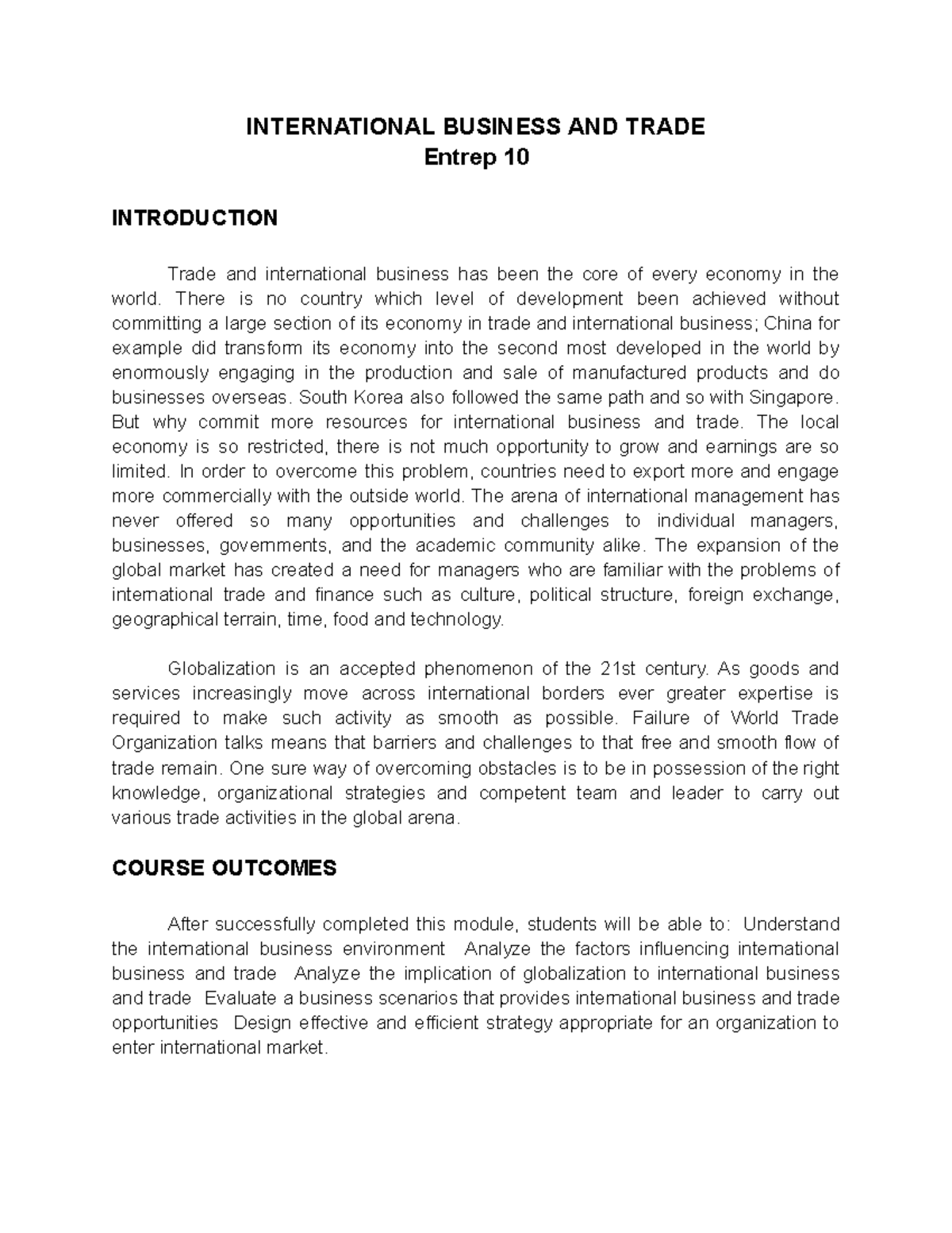 Entrep 10: Lesson Overview on International Business & Trade - Studocu