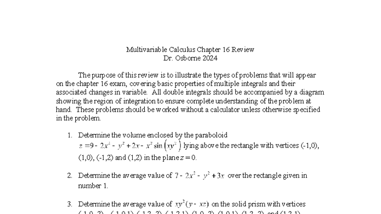 Multivariable Calculus MATH 202 Chapter 16 Review for Final Exam - Studocu
