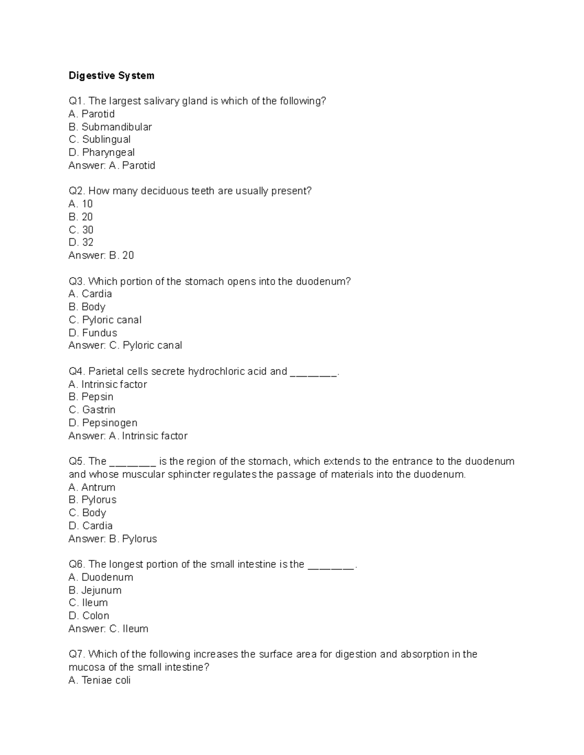 Digestive System Quiz Q1-Q13 with Answers - Studocu