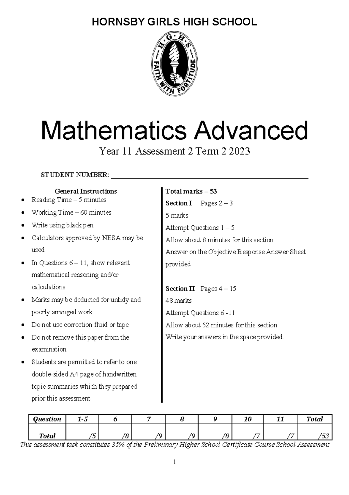 2023 Hornsby Girls Y11 2U Mathematics Advanced Assessment Task 2 - Studocu