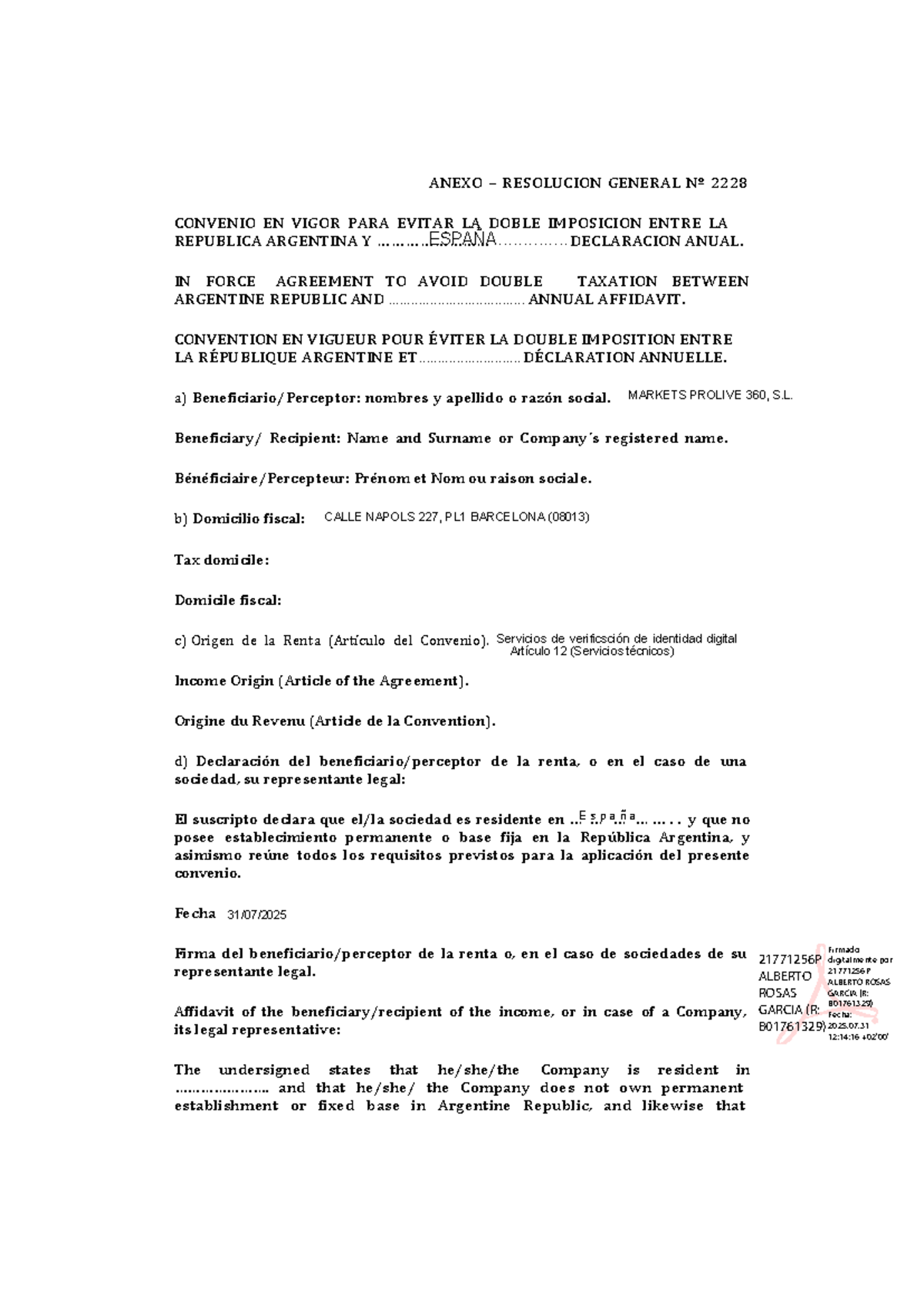 Anexo RGA 2228-07: Certificación de Doble Imposición Argentina - Studocu