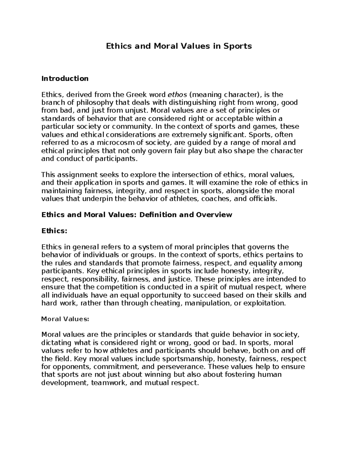Ethics and Moral Values in Sports: A 4th Sem Assignment on Physical ...
