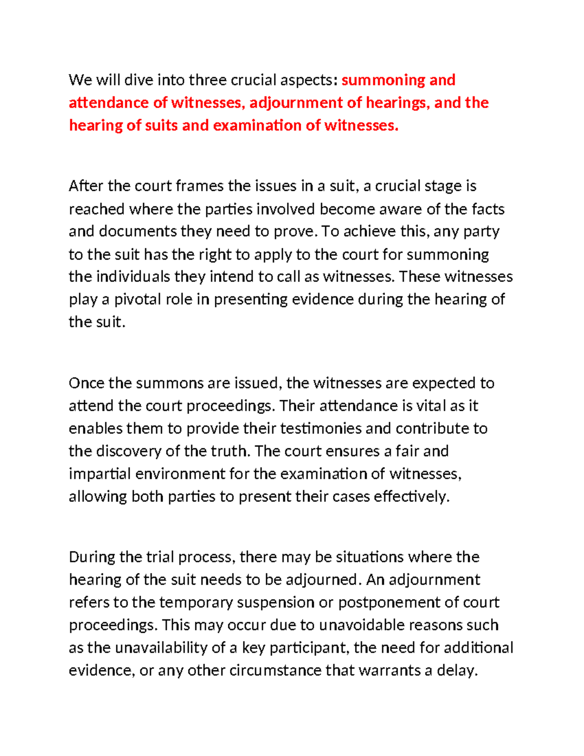 CPC 1908: Key Aspects of Witness Summoning & Trial Procedures - Studocu
