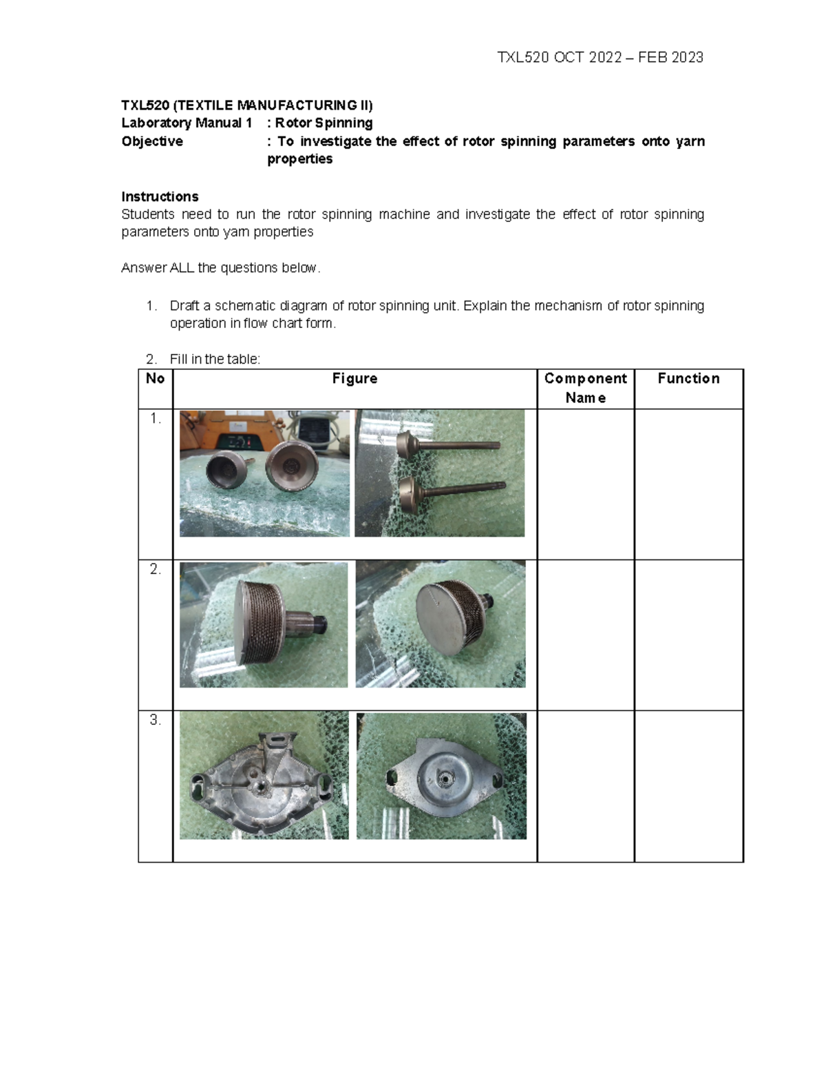 Lab 1 Rotor Spinning - TXL520 OCT 2022 – FEB 2023 TXL520 (TEXTILE ...
