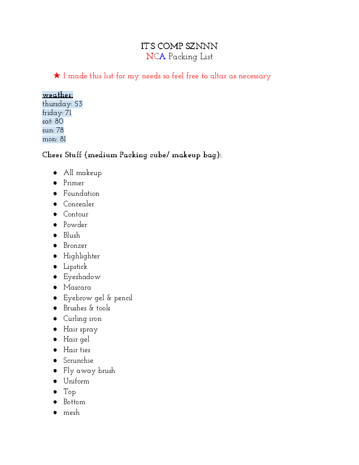 Nca packing list 2024 - helpful - IT’S COMP SZNNN NCA Packing List ★ I ...
