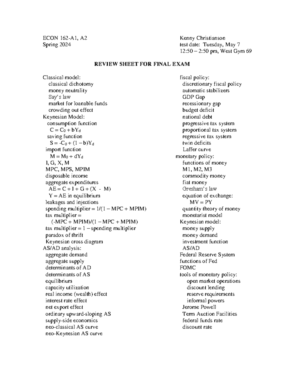 ECON 162 Review Sheet for Final Exam - Spring 2024 - Studocu